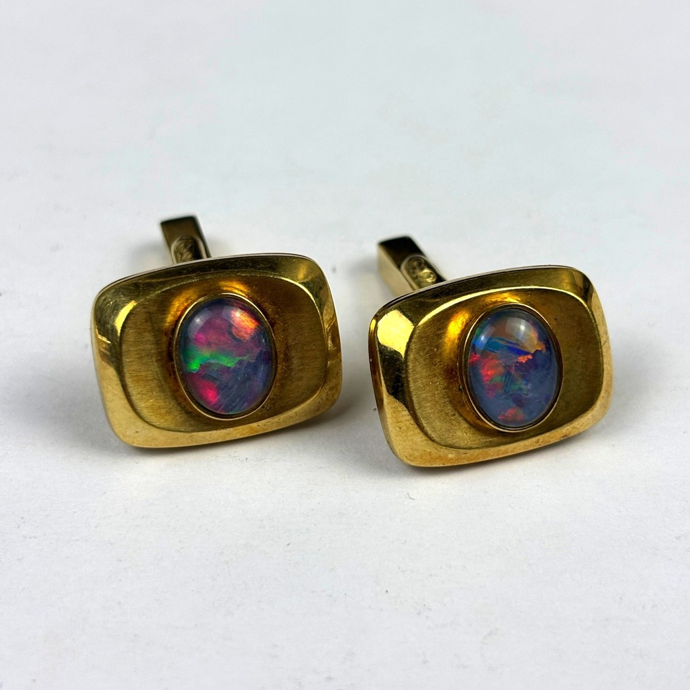 Vintage Rolled Gold Black Opal Cufflinks Oval Fire Inlay Mid Century Men's